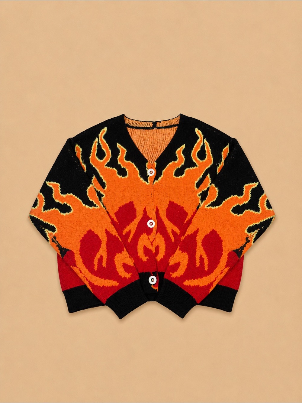 SHEIN Flame-Pattern Button Cardigan - Orange/Red/Black